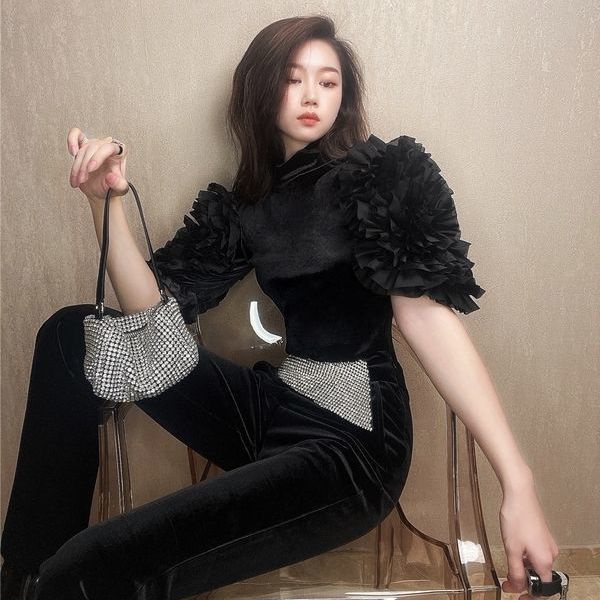 Áo Sơ Mi Vải Nhung Tay Phồng Ngắn Dáng Ôm Màu Vàng Đồng Thiết Kế Kiểu Hoa Công Nghiệp Mẫu Mới 2022 [WXJ0313]