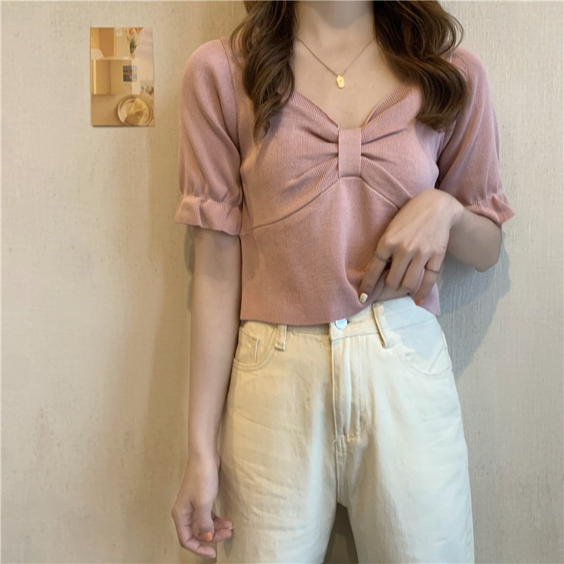 Áo Thun Tay Ngắn Cổ Chữ V Thắt Nơ