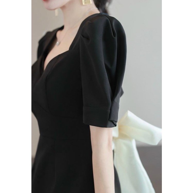 Đầm Suông Thời Trang Nữ Màu Đen Chất Tuyết Mưa Có Voan Nơ Sau Lưng Y Hình 100%
