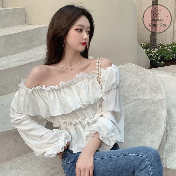 [Gấu Nhiệt Đới] Áo Điệu Nữ Trễ Vai Nhún Tai Bèo Nhẹ Nhàng Tay Bồng Xinh Xắn