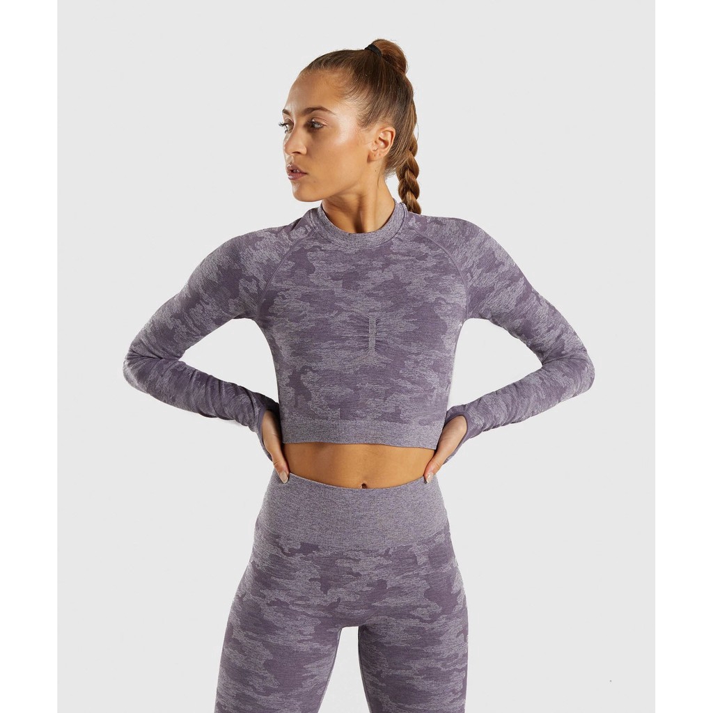Áo croptop thể dục thể thao HOPPE FUMENG tay dài họa tiết rằn ri thời trang cho nữ