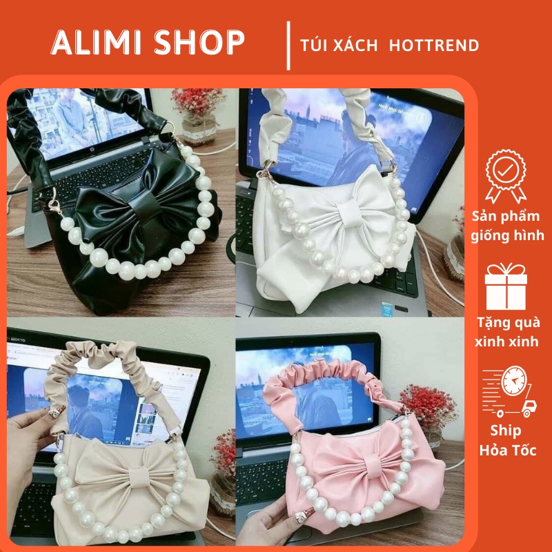 Túi xách kẹp nách quai rúm hình nơ kèm chuỗi hạt thời trang cao cấp đi chơi cá tính ALIMI A02