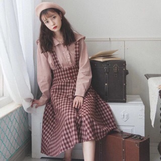Set đầm váy xoè, áo sơ mi cổ bèo vintage hot hit 2018