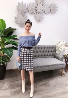 (Ảnh thật) áo len trễ vai cúc ngực