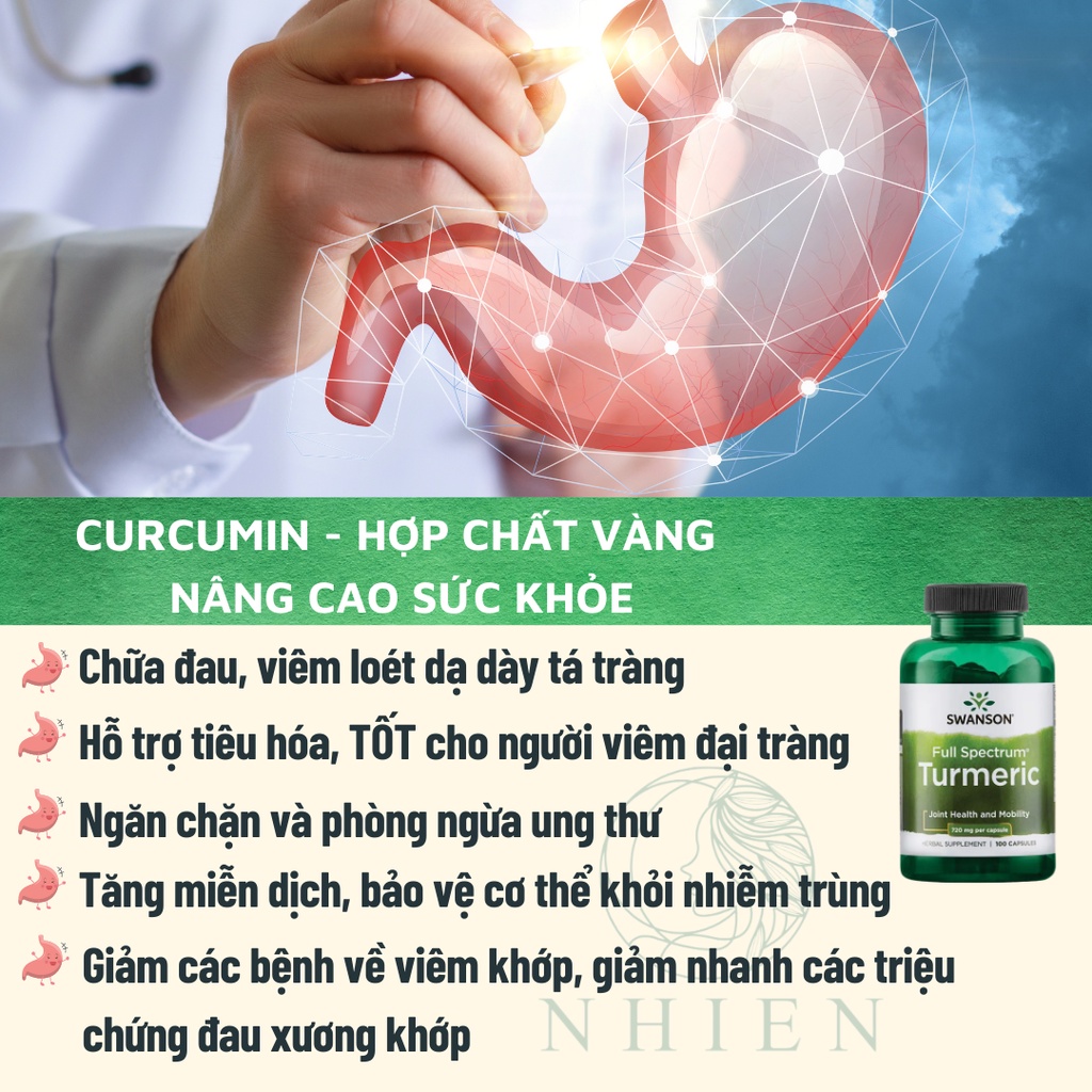 Viên uống tinh chất nghệ Turmeric 720mg Swanson giảm đau dạ dày, tăng cường sức khỏe, ngăn ngừa ung thư 100 viên
