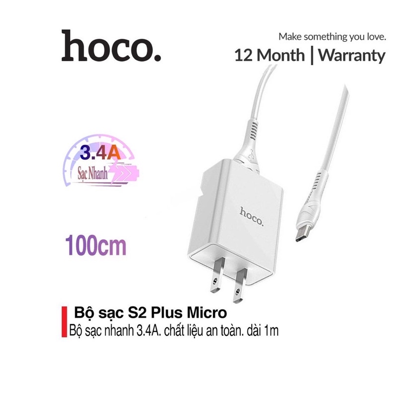 FREESHIP-Trọn bộ cốc cáp sạc nhanh S2 Plus HoCo-Micro Usb 3.4A cho oppo,samsung,huawei,Xiaomi,Redmi-Bộ sạc Android/UH102