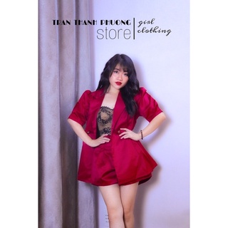 Set Vest Nữ Tay Phồng Áo Khoác Vest Nữ Quần Đùi Cạp Cao Đính Nút Hoa Hồng Mạ Đồng Hàng Thiết Kế TTP STORE