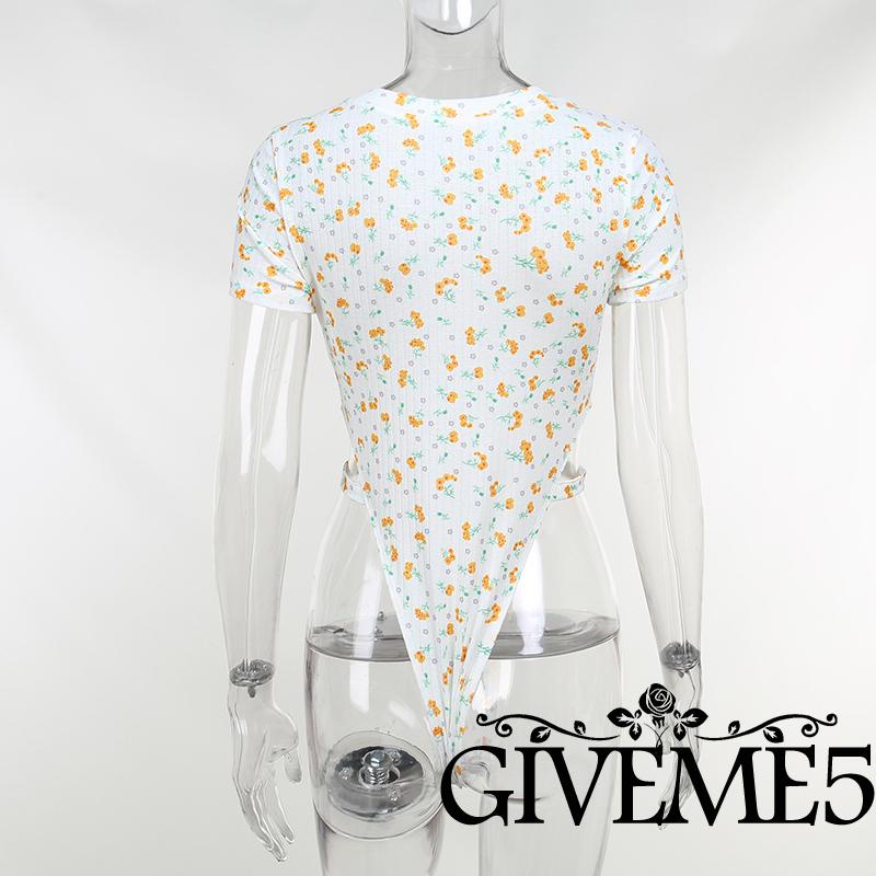 Bộ Áo Liền Quần Tay Ngắn Cổ Tròn Eo Cao In Hoa Thời Trang Cho Nữ