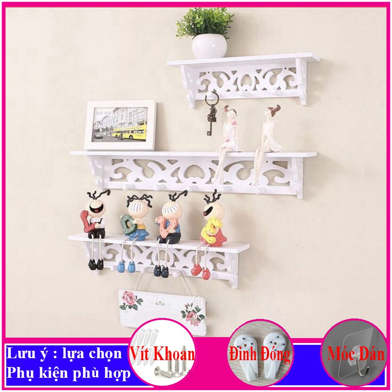 Bộ 3 Kệ treo tường trang trí không cần khoan, chất liệu gỗ nhựa cao cấp màu trắng, decor không gian sống - a14