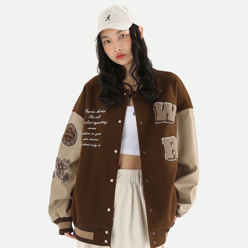 ÁO BOMBER DẠ TAY DA CHỮ THÊU HÀNG 2 LỚP QUẢNG CHÂU