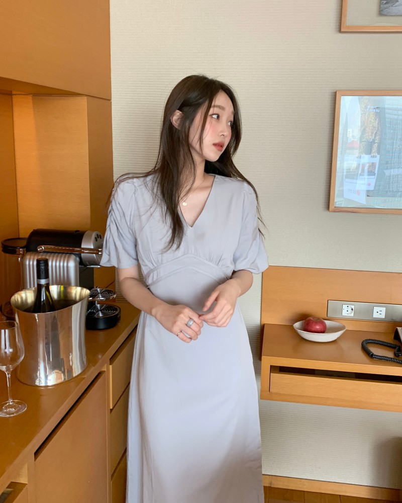 Đầm dáng dài Peppermint 42646 tay ngắn cổ chữ V phong cách Hàn Quốc thời trang cho nữ