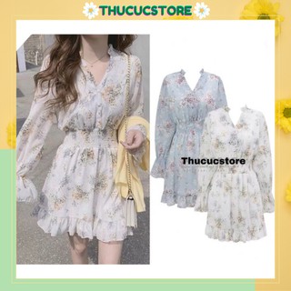 Đầm váy voan chiffon hoa nhí cổ V dáng ngắn eo thun may 2 lớp phong cách tiểu thơ Hàn Quốc (kèm ảnh thật)