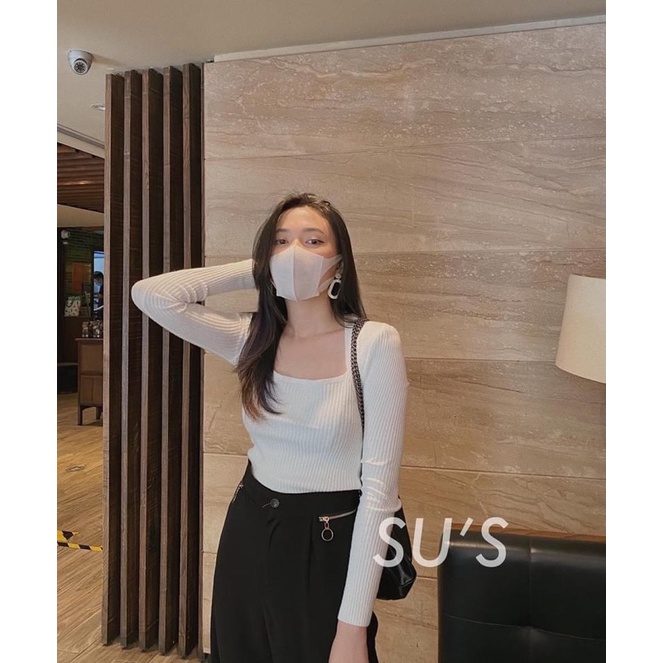 [Ảnh thật/Video] Áo Len Tăm Cổ Vuông cách điệi , Áo Len Nữ Dài Tay Thu Đông Hàng Quảng Châu