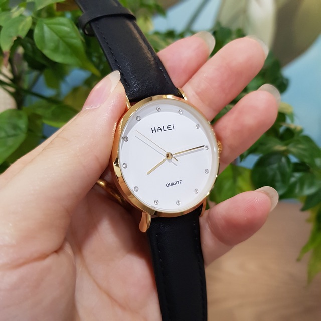 Đồng hồ cặp đôi nam nữ Halei dây da đen mặt ngọc chính hãng Tony Watch 68 | BigBuy360 - bigbuy360.vn