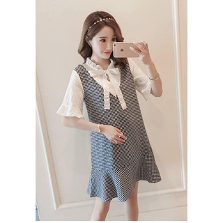 đầm bầu thỏ mommy mẫu caro đen cổ tay trắng