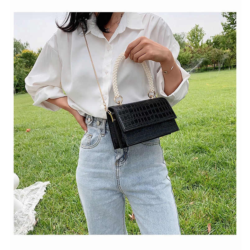 Túi xách đeo vai JASMIN NOIR bằng da Pu với tay cầm phối ngọc trai thời trang sang trọng cho nữ