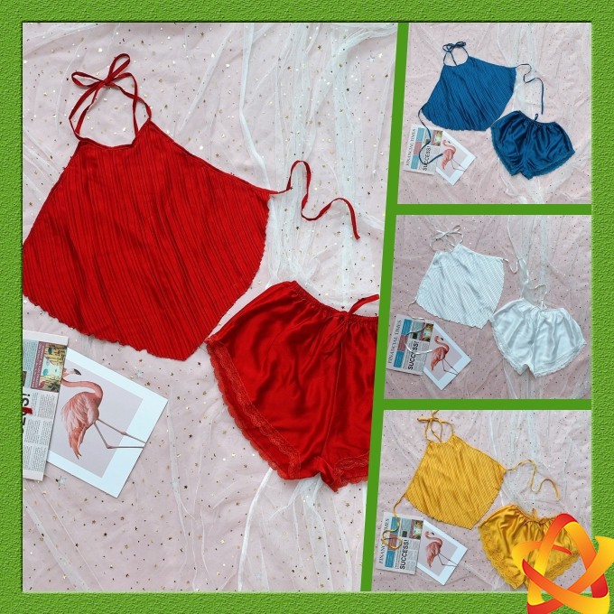 Đồ ngủ sexy Freeship Đồ ngủ sexy satin cổ yếm hở lưng Freesize dưới 60kg