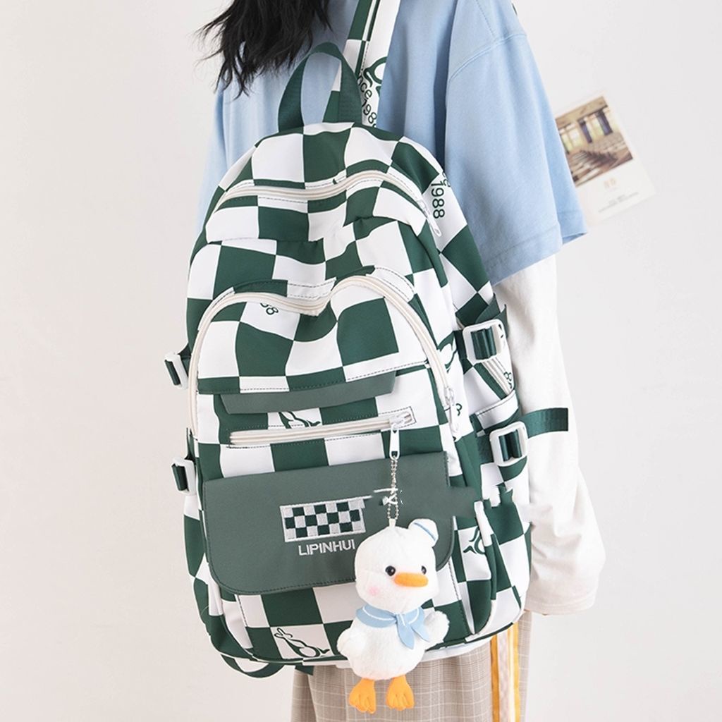Aigu Ba Lô Đi Học Sức Chứa Lớn Siêu Nhẹ Họa Tiết Kẻ Sọc Caro Phong Cách retro Harajuku Nhật Bản Cho Nữ