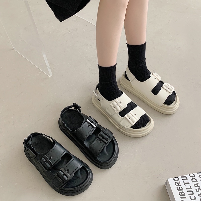 (CÓ SẴN Đen/Trắng be) Giày Sandals đế bánh mì 4.5p quai cài CAO CẤP da mềm mịn
