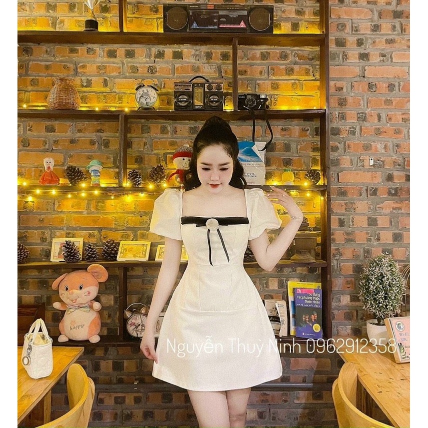 Đầm Nữ Thời Trang Mặc Đi Chơi, Đầm Nữ Khắc Lụa Tay Ngắn Cổ Vuông Phối Kiểu 3 Màu Xinh Xắn