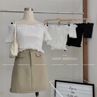 Áo croptop nữ bẹt vai tay ngắn nhúng 2 màu freesize Pumi