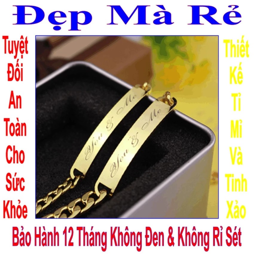 (Tặng 1 lắc đeo chân) Lắc tay cặp màu vàng khắc chữ You & Me - Giá bán như trên là 1 cặp = 2 lắc nam nữ như hình