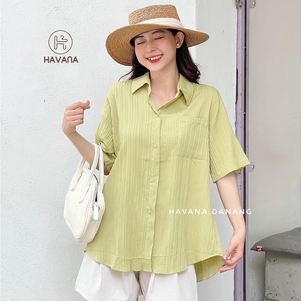 Áo sơ mi xốp ngắn tay, sơ mi gân sọc có dây buộc nơ lưng freesize form rộng AE190