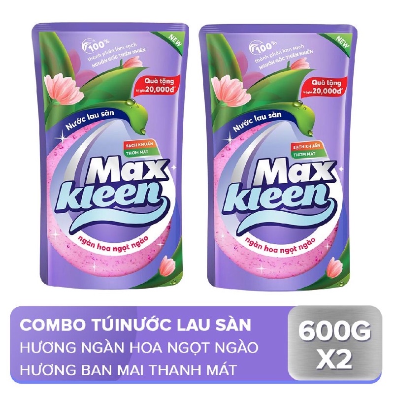 Combo 1  2 túi nước lau sàn Maxkleen hương ban mai thanh mat, ngàn hoa ngọt ngào 600g