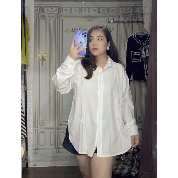 Sơ mi trắng đuôi tôm dáng rộng kèm ảnh thật