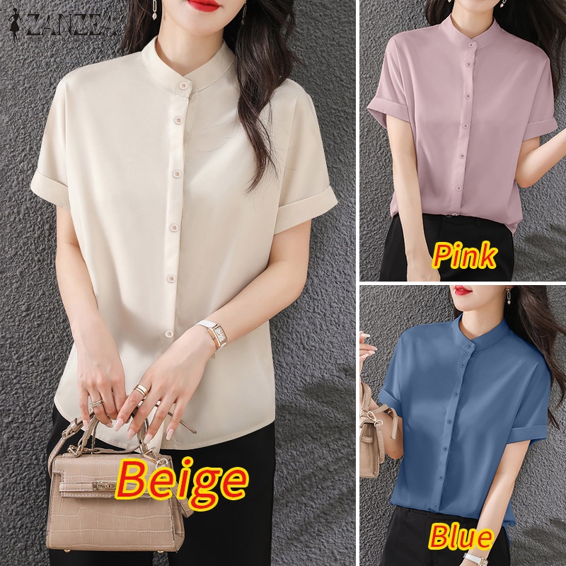 Zanzea Áo Sơ Mi Tay Ngắn Cổ Đứng Màu Trơn Phong Cách Hàn Quốc Thời Trang Cho Nữ