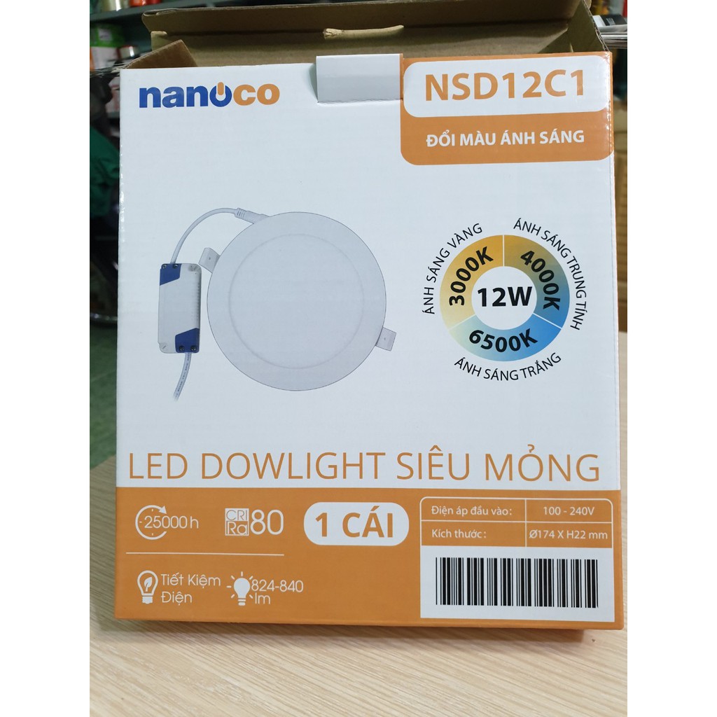 Đèn led âm trần chuyển đổi 3 màu 12W Nanoco (ánh sáng trắng)