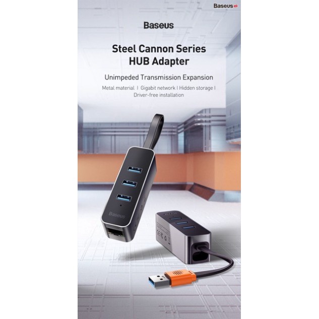 Bộ HUB chuyển đổi đa dụng Baseus Steel Cannon Series HUB Adapter(USB A to USB3.0*3 + RJ45 LAN )