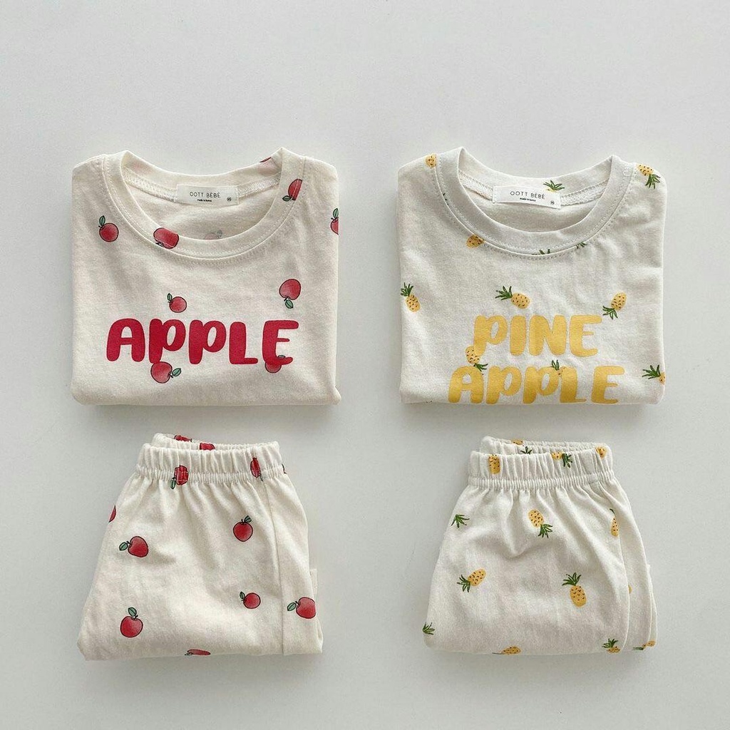 Bộ Áo Thun Cộc Tay In Hình Trái Cây + Quần Short Cotton Cho Bé