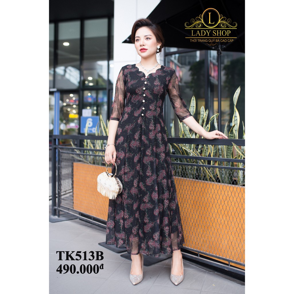 THỜI TRANG QUÝ BÀ TRUNG NIÊN CAO CẤP - LADYSHOP - Đầm thun lưới cổ hoa đuôi công đỏ TK513