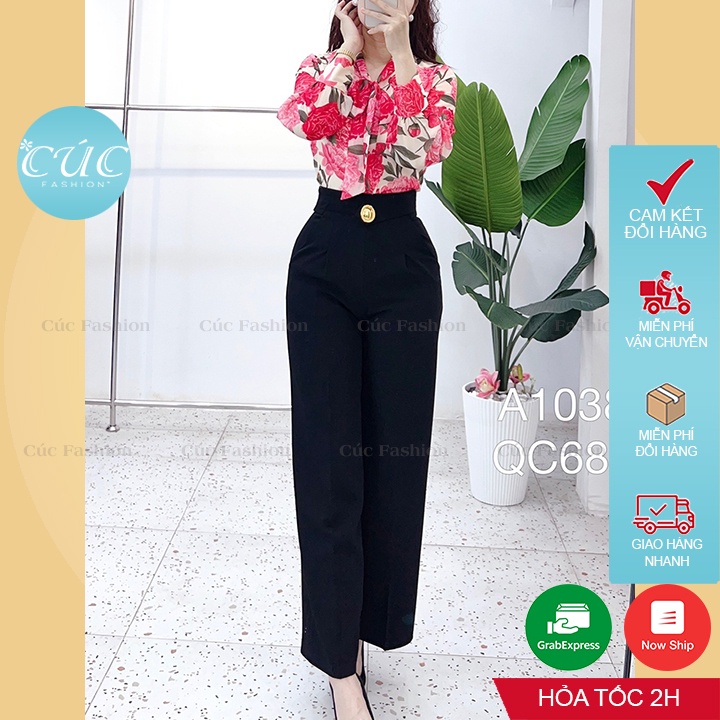 Quần ống rộng Cúc Fashion quần ống suông nữ vải lưng cạp cao dài loe culottes xuông màu đen trắng công sở QC689