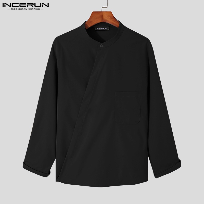 Áo sơ mi INCERUN dài tay cổ chữ V vạt bất đối xứng thời trang cho nam