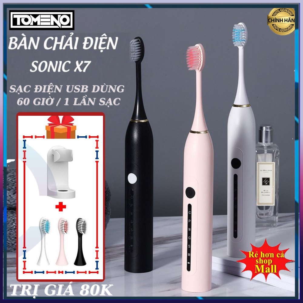 Bàn chải điện Sonic X7 chống nước - tặng kèm 3 bàn chải , bàn chải đánh răng điện 6 chế độ rung, cho bé , người lớn