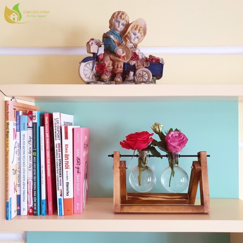 Bộ bình hoa thủy tinh treo giá gỗ phong cách retro, bình trồng cây thủy sinh, trang trí ban làm việc - Kute Nest