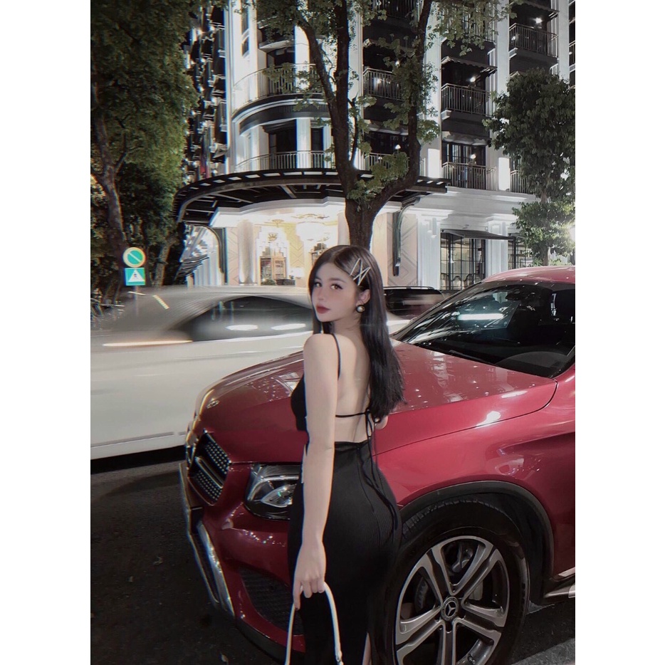 Đầm 2 dây nhíu ngực hở lưng cột dây khoét eo 2 dây ngang eo xẻ tà sau cực sexy , chất thun gân dày dặn mk