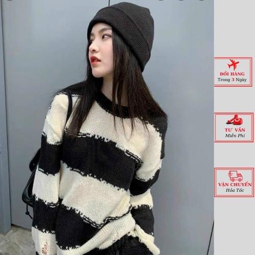 Áo len nữ oversize phom rộng giấu quần kẻ ngang đen trắng ulzzang Hàn Quốc mùa thu đông