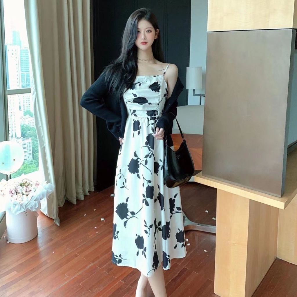 Đầm Hoa Dài Tay Màu Đen Phong Cách Pháp Cổ Điển Sang Trọng Dành Cho Nữ