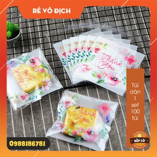 Túi Dán Đựng Bánh Quy Bông Hoa Thank You Sang Trọng HÀNG MỚI VỀ - set 100 túi