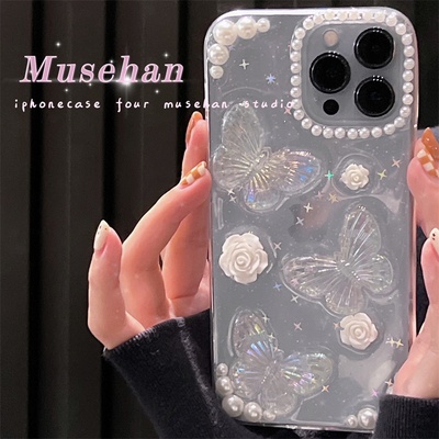 For iphone 14 pro max Ốp điện thoại trong suốt họa tiết hoa và bướm cho for  iPhone 13 Pro Max Xsmax 7 8plus X Xr 11 12 11pro 12promax