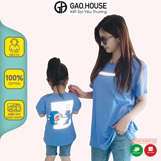Áo gia đình Gạo House Cotton 4 chiều màu xanh hình doremon phản quang đi biển, du lịch, dã ngoại