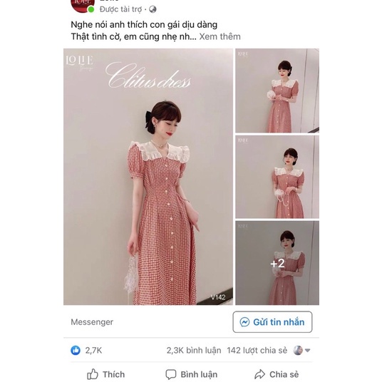 Váy kẻ phối bèo cổ chun eo vintage