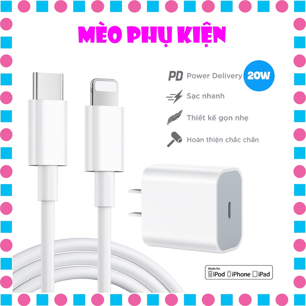 Sạc nhanh (Củ PD 20W + Cáp Type-C to Lightning) cho điện thoại iPhone, iPad, tai nghe Bluetooth