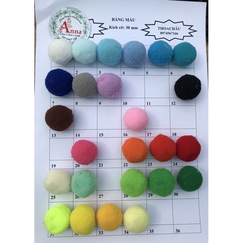 Pompom 50v Được chọn màu/Tuỳ chọn kích cỡ 3cm-2,5cm-2cm-1,5cm-1cm