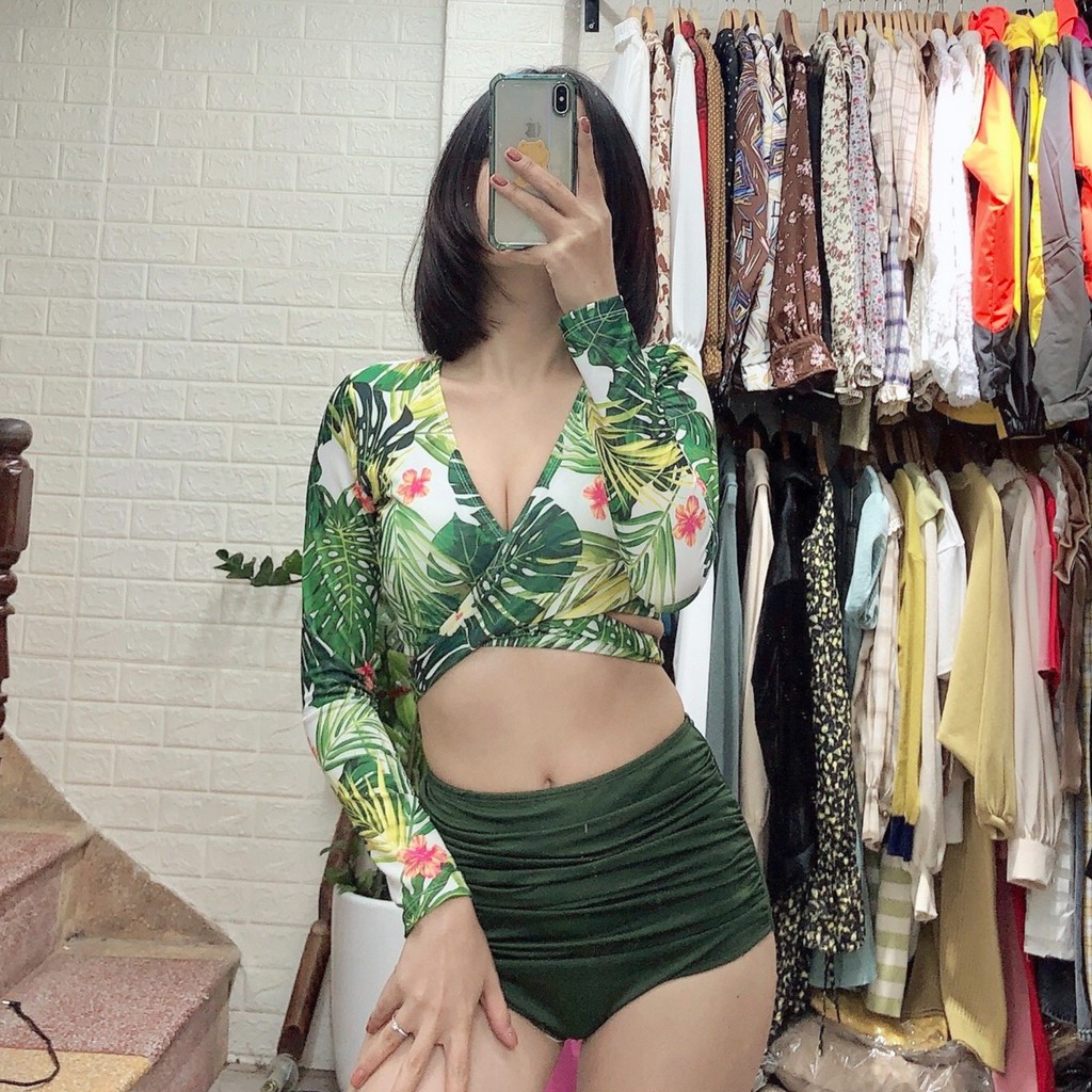 Bikini đi biển 2 mảnh dài tay buộc dây, bộ bơi rời quần nhún che bụng cho nữ lá xanh vàng Bikini191