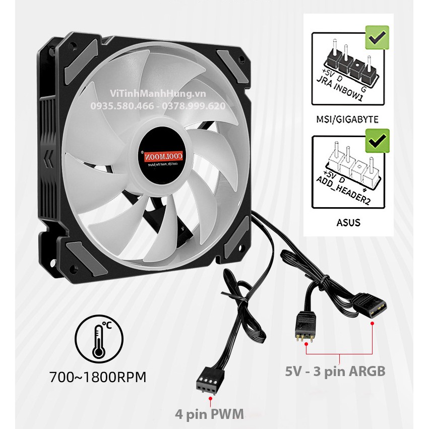 Quạt CoolMoon P5 - 1800 rpm - 12cm - 4 pin PWM + 5V 3 pin ARGB.