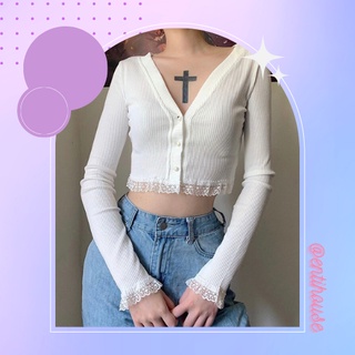 {HCM / CÓ SẴN / ẢNH THẬT} ÁO LEN CROPTOP MÀU TRẮNG TAY DÀI VIỀN REN NÚT THẬT